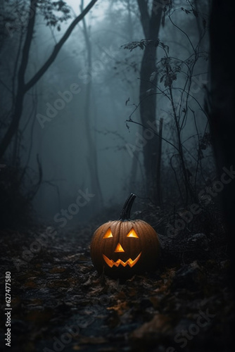 Spooky jack-o-lantern pumpkin glowing in misty forest. Halloween background. Generative AI
