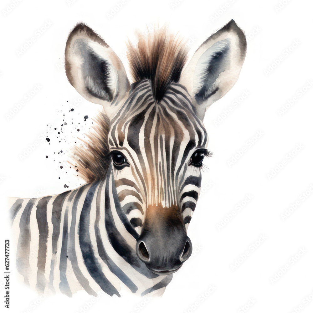 Watercolor cute zebra. AI generative.