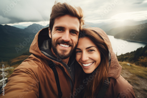 Selfie photo of happy smiling young couple during traveling together at beautiful destination in the mountains © Jasmina