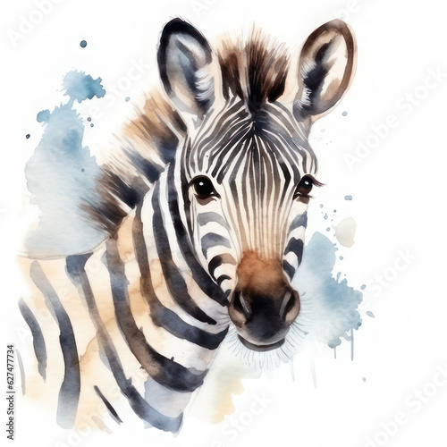 Watercolor cute zebra on a white background. AI generative.