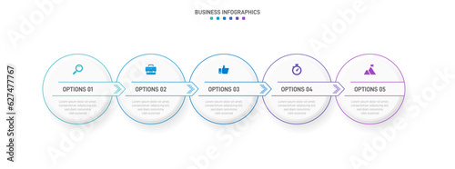 Timeline infographic with infochart. Modern presentation template with 5 spets for business process. Website template on white background for concept modern design. Horizontal layout. photo