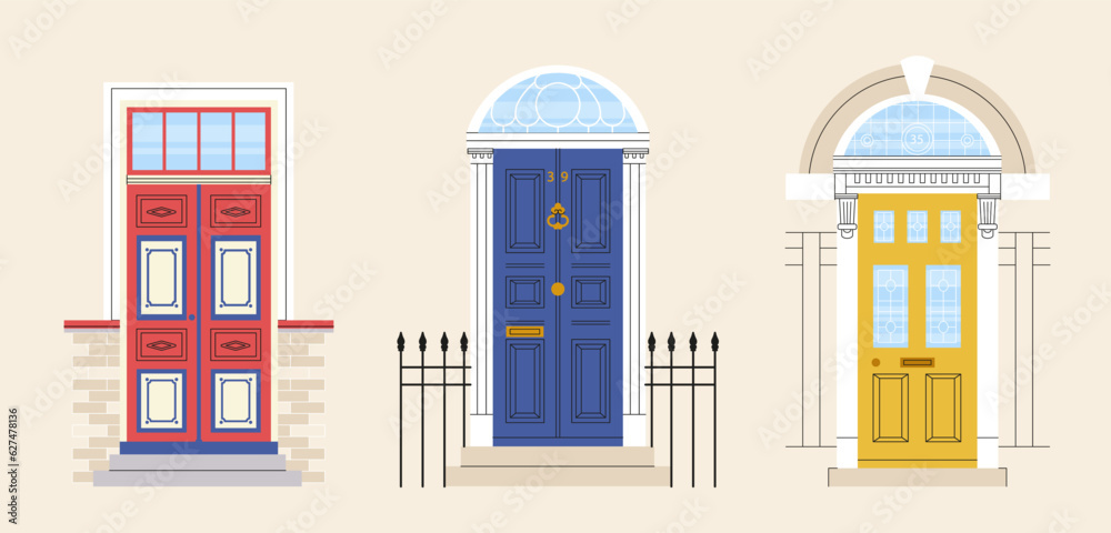 Set of front doors. Exterior and facade for home or house. Real estate and private property. Entrance to cottage, townhouse and home. Cartoon flat vector collection isolated on beige background