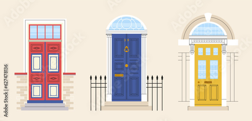 Set of front doors. Exterior and facade for home or house. Real estate and private property. Entrance to cottage, townhouse and home. Cartoon flat vector collection isolated on beige background