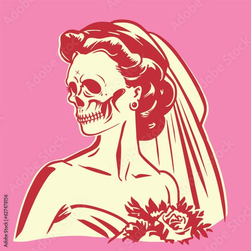 vintage cartoon illustration of a skull bride