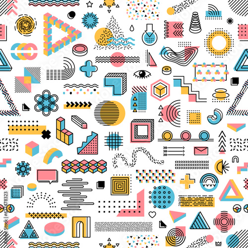 Memphis geometric shapes seamless pattern. Vector tile background inspired by the memphis design movement of the 1980s. Eye-catching ornament for textiles, wrapping paper, wallpaper and home decor photo