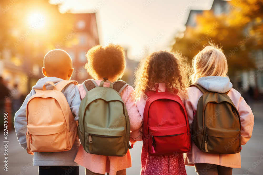 Group of children going back to school . Child wearing a backpack ready ...