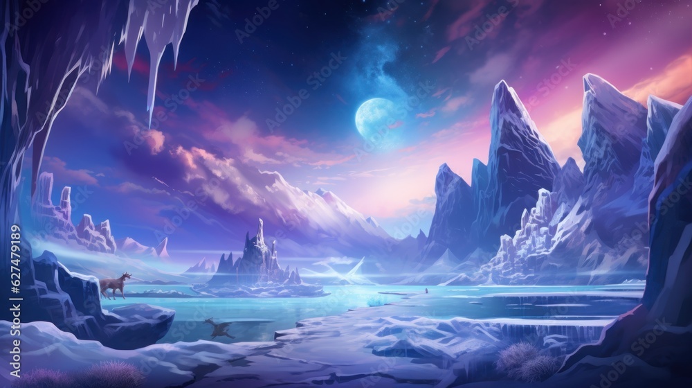 Frozen, snowy wasteland with ice formations, polar animals, and the aurora borealis in the sky game art Frozen, snowy wasteland with ice formations, polar animals, and the aurora borealis in the sky game art