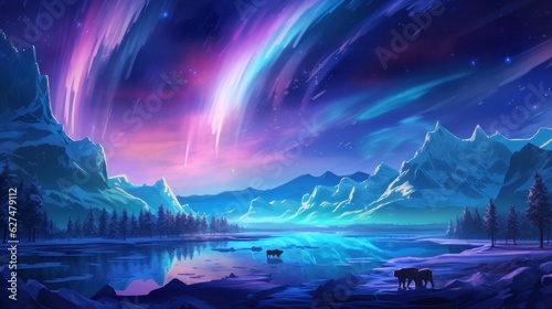 Frozen, snowy wasteland with ice formations, polar animals, and the aurora borealis in the sky game art © Damian Sobczyk