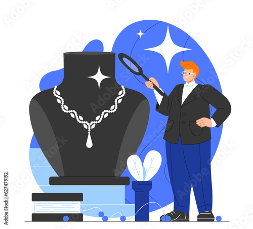 Jeweler with magnifying glass concept. Man with magnifying glass examines necklace on mannequin. Wealth and luxury. Aesthetics and elegance. Jewelry and accessories. Cartoon flat vector illustration