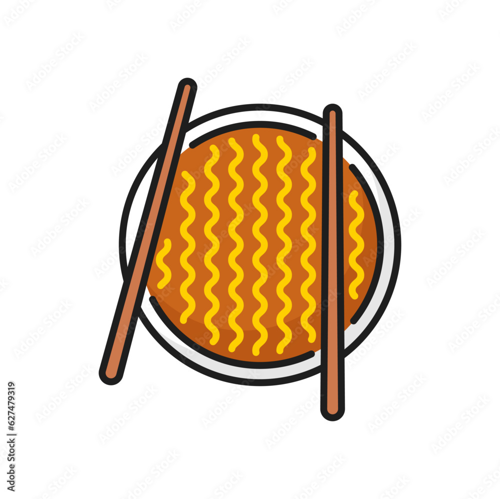 Twisted korean instant noodles with chopsticks in bowl isolated ramen soup line icon. Vector long spaghetti pasta, chinese cuisine food Twisted korean instant noodles with chopsticks in bowl isolated ramen soup line icon. Vector long spaghetti pasta, chinese cuisine food