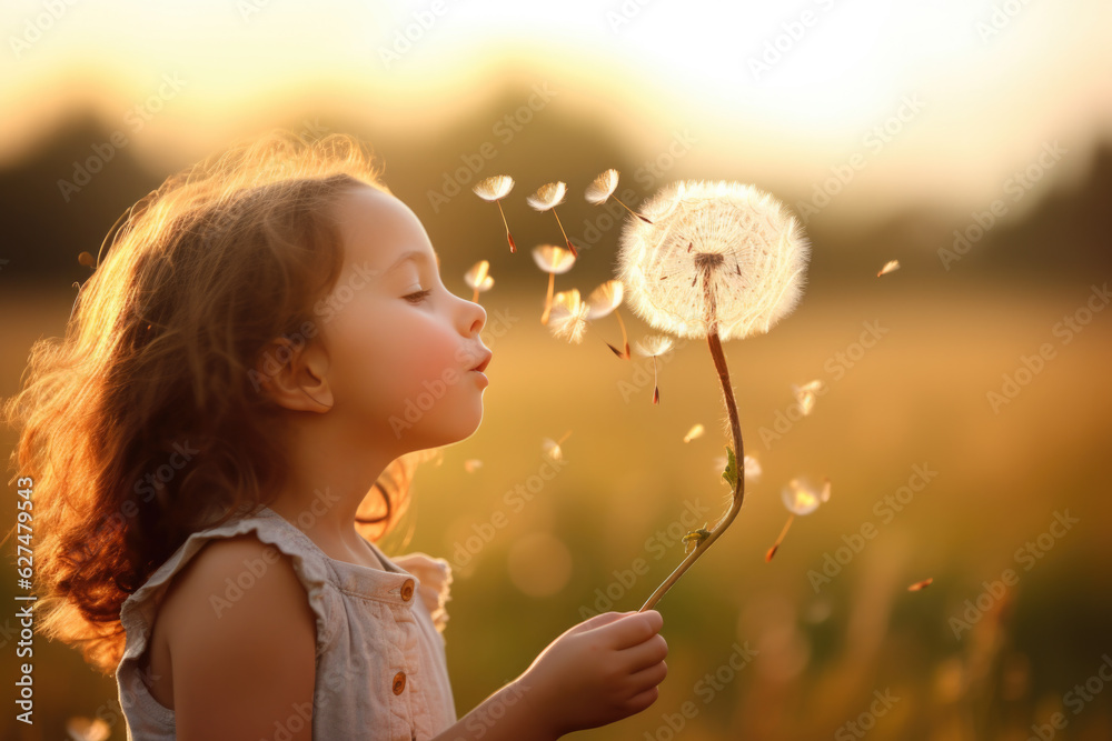 Cute little girl blowing dandelions in a sunny flower meadow