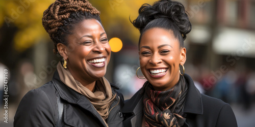 Two african american women walking in the city and smiling.
