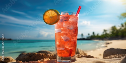 Cocktail on the beach. Refreshing cocktail with ice. Generative AI