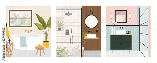 Modern bathroom interior concept. Set of rooms with furniture and decor elements. Mirror and bath with shower. Comfort and coziness. Cartoon flat vector collection isolated on white background
