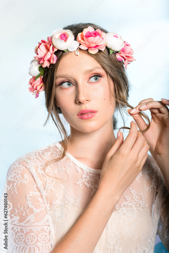 beautiful girl model with a flower wreath on her head, bright image beautiful girl model with a flower wreath on her head, bright image