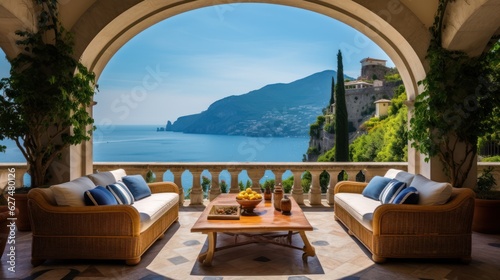 Luxurious villa nestled along the breathtaking Amalfi Coast of Italy, with panoramic views of the sparkling Mediterranean Sea and cliffside terraces