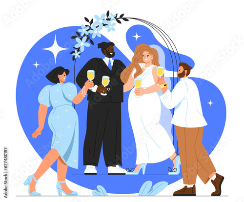 Newlyweds celebrating concept. Man in suit and woman in white dress drink alcohol with friends. People with glasses of champagne in their hands. Party or event. Cartoon flat vector illustration