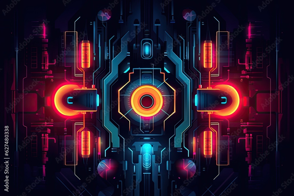 Abstract futuristic background symmetrical geometric shapes vivid colors, neon glowing lights, on dark background.