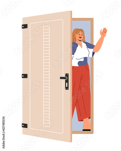 Woman opening door concept. Young girl near entrance to home. Character meets friend and waves hand in friendly manner. Cartoon flat vector illustration isolated on white background