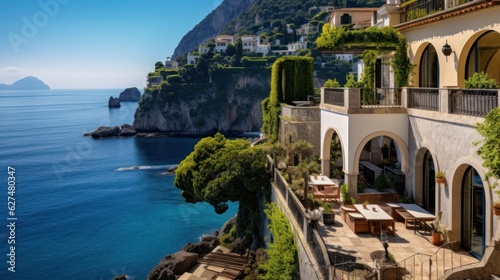Fototapeta Naklejka Na Ścianę i Meble -  Luxurious villa nestled along the breathtaking Amalfi Coast of Italy, with panoramic views of the sparkling Mediterranean Sea and cliffside terraces