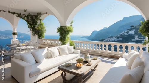 Fototapeta Naklejka Na Ścianę i Meble -  Luxurious villa nestled along the breathtaking Amalfi Coast of Italy, with panoramic views of the sparkling Mediterranean Sea and cliffside terraces