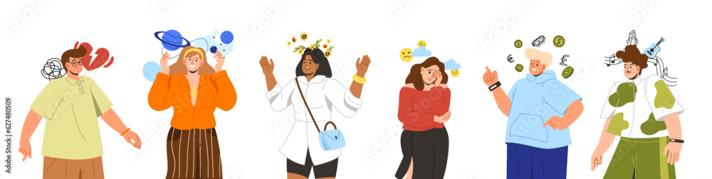 People with different thoughts set. Young men and women with various emotions and feelings. Mental health and psychology. Cartoon flat vector collection isolated on white background People with different thoughts set. Young men and women with various emotions and feelings. Mental health and psychology. Cartoon flat vector collection isolated on white background