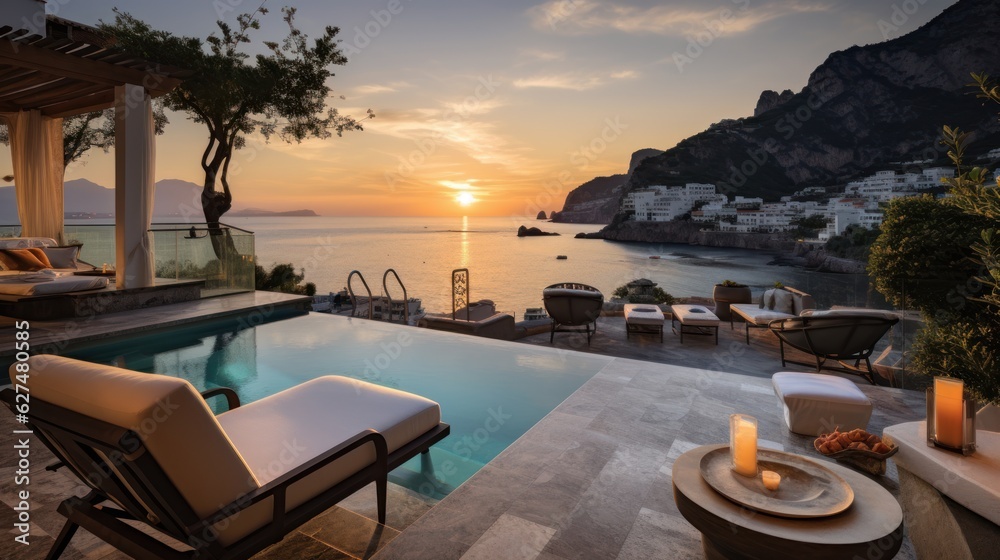 Luxurious villa nestled along the breathtaking Amalfi Coast of Italy, with panoramic views of the sparkling Mediterranean Sea and cliffside terraces