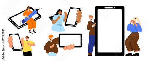 People with smartphones set. Men and women near blank phone screens. Advertising and marketing, electronic commerce. Template and mockup. Cartoon flat vector collection isolated on white background