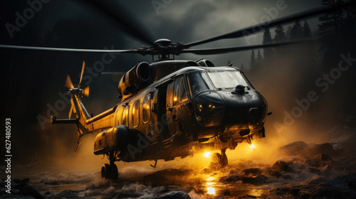 Helicopter in Action with Rotor Spray and Foggy Background Military Helicopter Hovering AI Generated photo