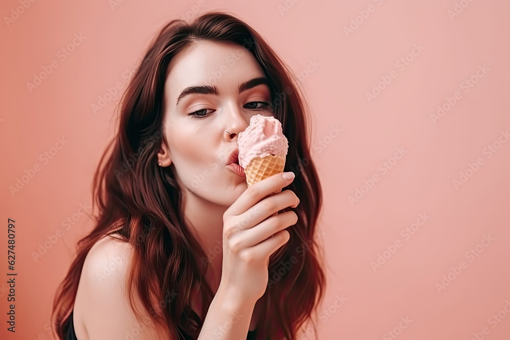 Pink Background White Female Licking Ice Cream Background Generative AI Pink Background White Female Licking Ice Cream Background Generative AI