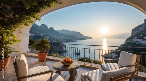 Luxurious villa nestled along the breathtaking Amalfi Coast of Italy, with panoramic views of the sparkling Mediterranean Sea and cliffside terraces