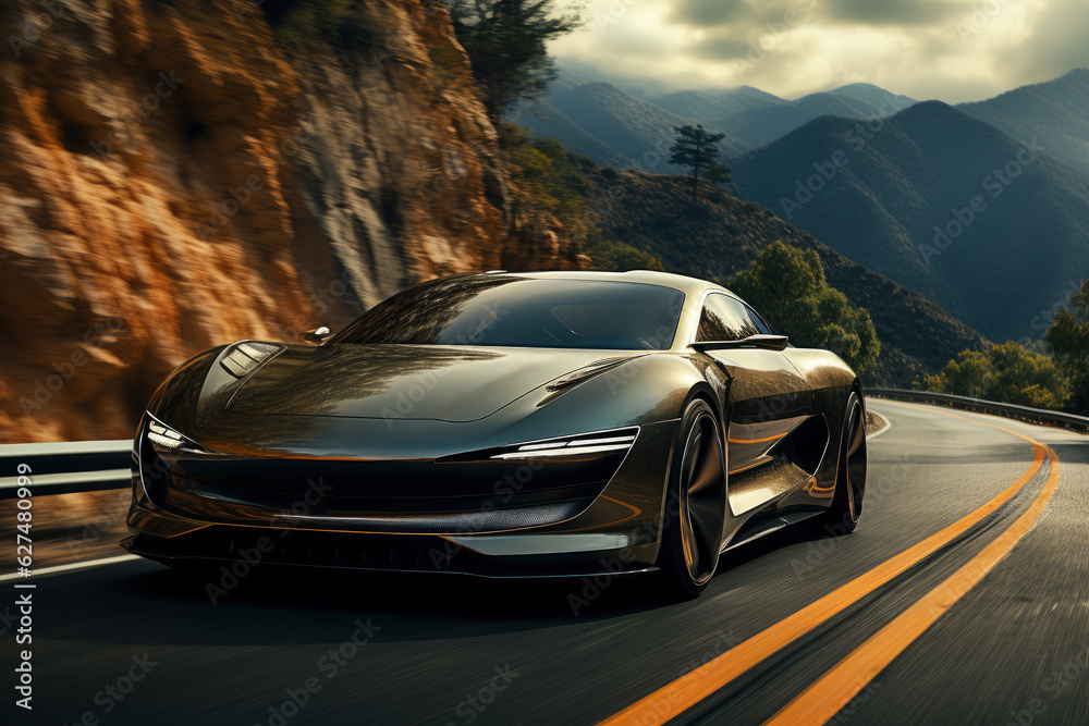 Naklejka premium Road trip in a luxury sports car on a mountain serpentine at high speed
