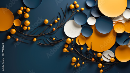 Modern Artwork of Circles and Branches on Dark Blue Abstract Paper Background AI Generated