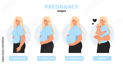 Set of pregnancy stages concept. Medical infographics and educational materials. Anatomy and biology. Childhood and parenthood. Cartoon flat vector collection isolated on white background