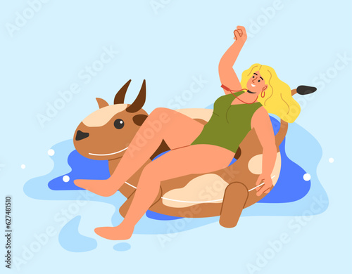 Woman swim on inflatable float concept. Young girl at rubber ring in cow shape. Holiday in tropical and exotic countries. Sea or ocean, swimming pool. Cartoon flat vector illustration