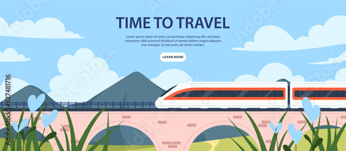 Time to travel banner. Train at railroad, railway. Beautiful natural landscape and panorama with bridge. Trip, journey and tourism. Landing page design. Cartoon flat vector illustration