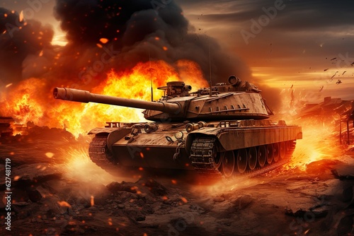 Armored Tank Braving a Mine Field Amidst Fiery War Scenes in the Desert - Wide Poster Design with Ample | Generative AI