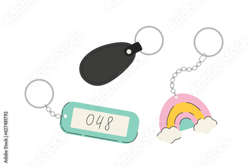Set of trinkets concept. Toys on pendant for keys. Keychains pack. Accessory and decoration for backpack. Poster or banner. Cartoon flat vector collection isolated on white background