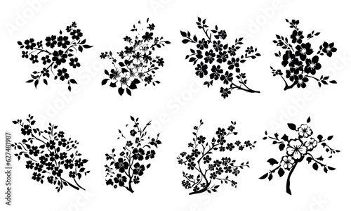 Sakura flowers on branches with leaves, Asian ornament for stencil. Black outline on a transparent background with isolated elements. Vector set.