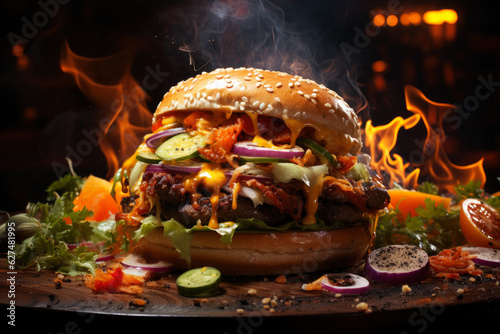 Delicious juicy big burger with meat, cheese and vegetables, hamburger with smoke and flames