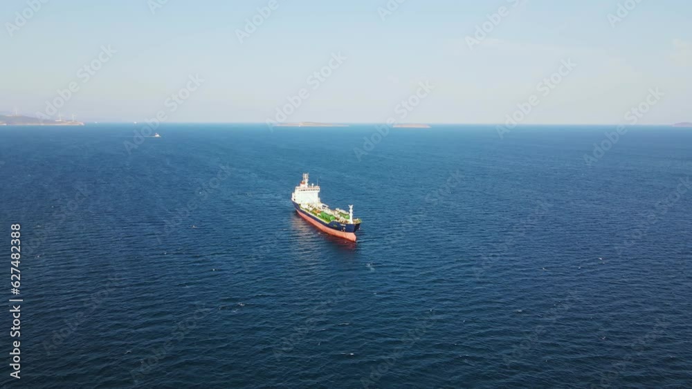 Aerial view of Oil chemical tanker sea ship anchored in sea waiting entering port Aerial view of Oil chemical tanker sea ship anchored in sea waiting entering port