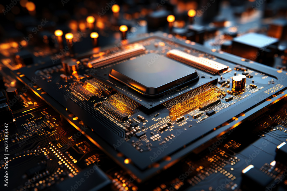 Futuristic future motherboard design with CPU socket, microchips, microprocessors, integrated circuits and connectors for connection, technology science background Futuristic future motherboard design with CPU socket, microchips, microprocessors, integrated circuits and connectors for connection, technology science background