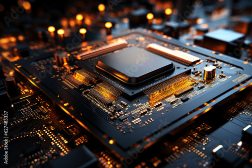 Futuristic future motherboard design with CPU socket, microchips, microprocessors, integrated circuits and connectors for connection, technology science background