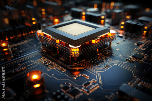 Futuristic future motherboard design with CPU socket, microchips, microprocessors, integrated circuits and connectors for connection, technology science background