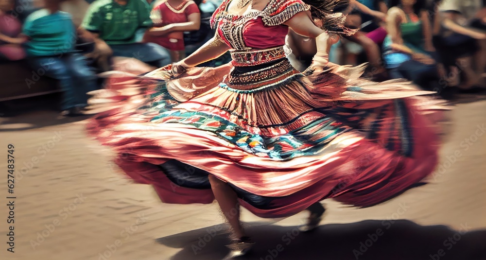 Motion Blur Latina Female Dancing Colorful Attire Backdrop Generative AI