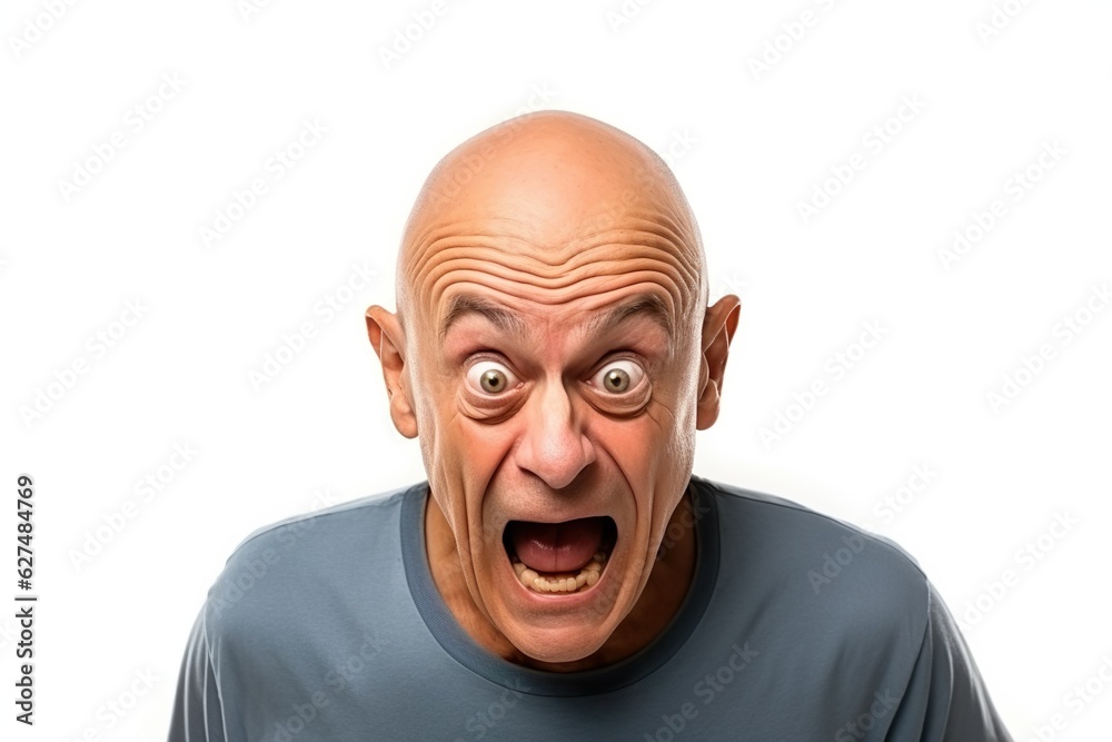 Bald senior man with a funny face expression fooling around. Isolated on white. Emotions. High quality photo | Generative AI Bald senior man with a funny face expression fooling around. Isolated on white. Emotions. High quality photo | Generative AI