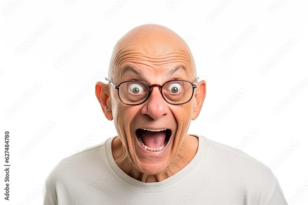 Bald senior man with a funny face expression fooling around. Isolated on white. Emotions. High quality photo | Generative AI Bald senior man with a funny face expression fooling around. Isolated on white. Emotions. High quality photo | Generative AI