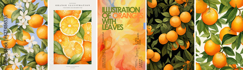 Orange background, pattern and juice. Vector drawn illustrations of oranges with flowers and leaves for poster, card or textile photo