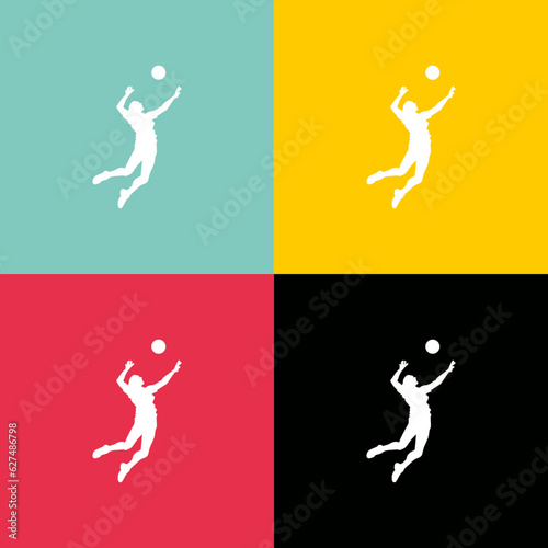 set of silhouette illustrations of female volleyball players doing a jump serve in multicolored tiles
