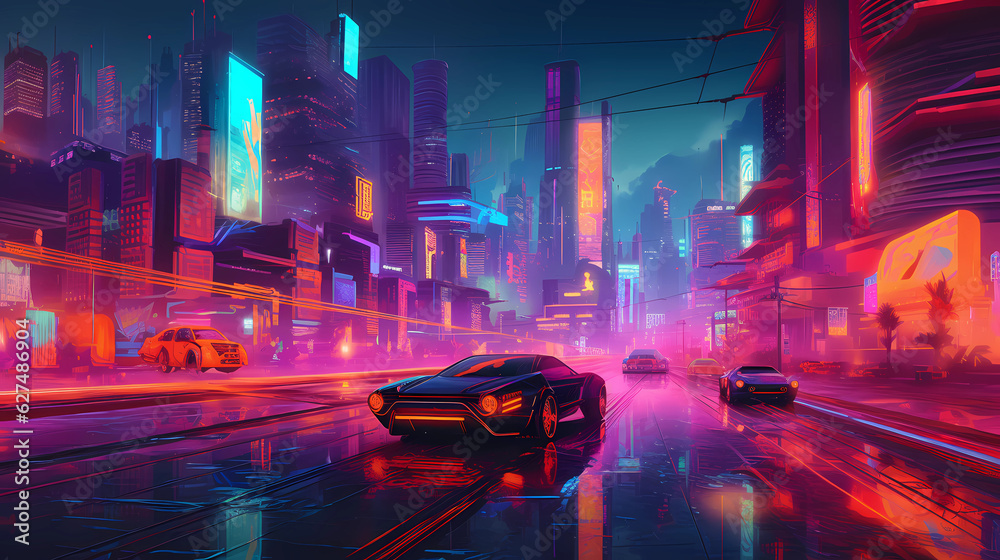 A futuristic cityscape set in a cyberpunk world, skyscrapers reaching high into the sky, adorned with holographic advertisements, flying cars navigating between the buildings, neon lights illuminating